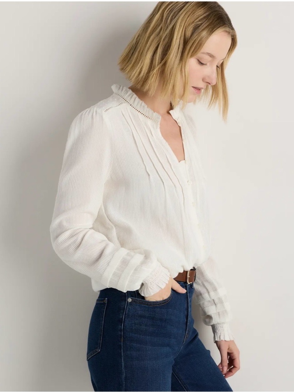 Quince Organic Textured Cotton Peasant Blouse White